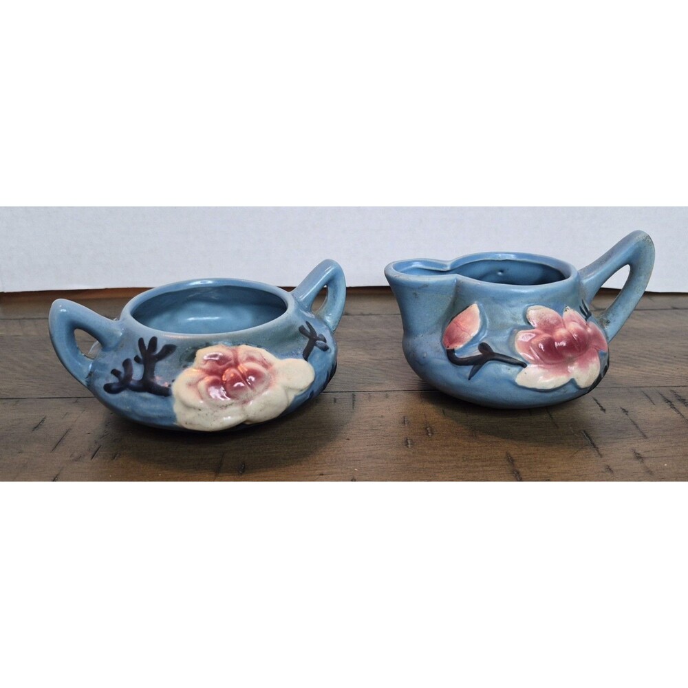 Roseville Pottery Blue Magnolia Pattern Creamer & Sugar Bowl